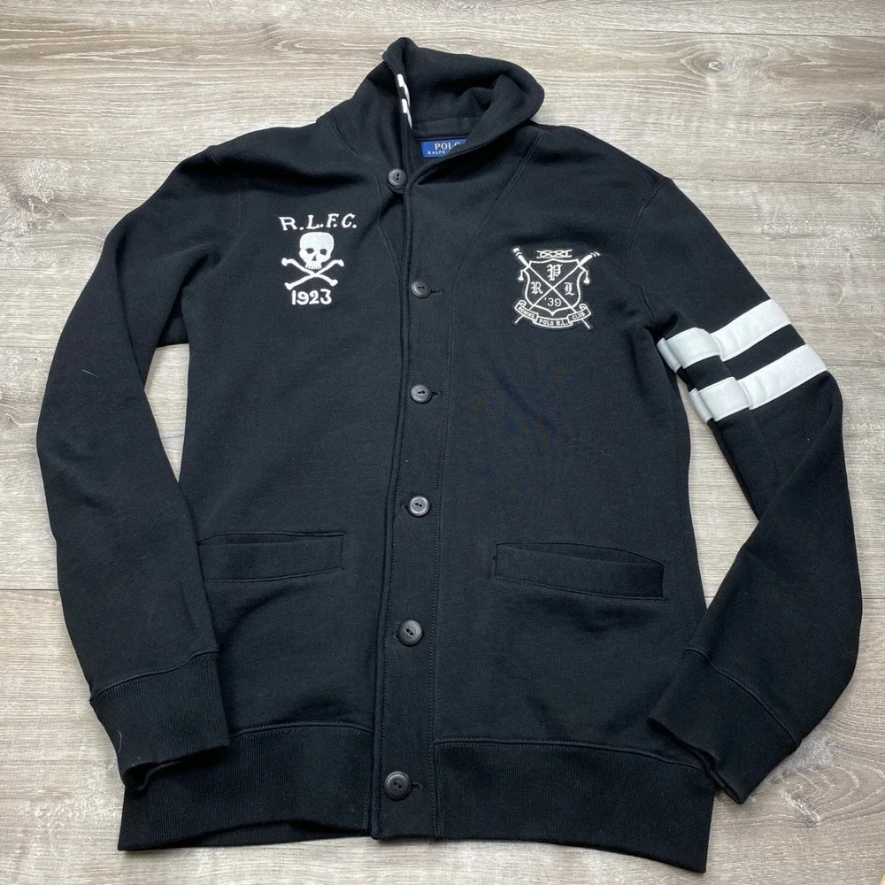Polo Ralph Lauren Cardigan Mens S Black Skull Crest Rowing Club Varsity Sweater